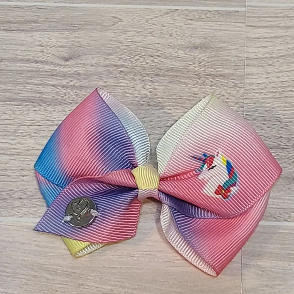 5 Girls Unicorn Ribbon Hair Bows Clips Set Rainbow Pattern Boutique Accessories